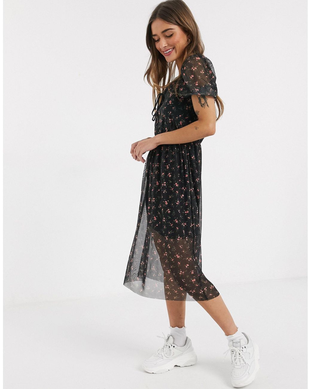 black folk floral ditsy print dress