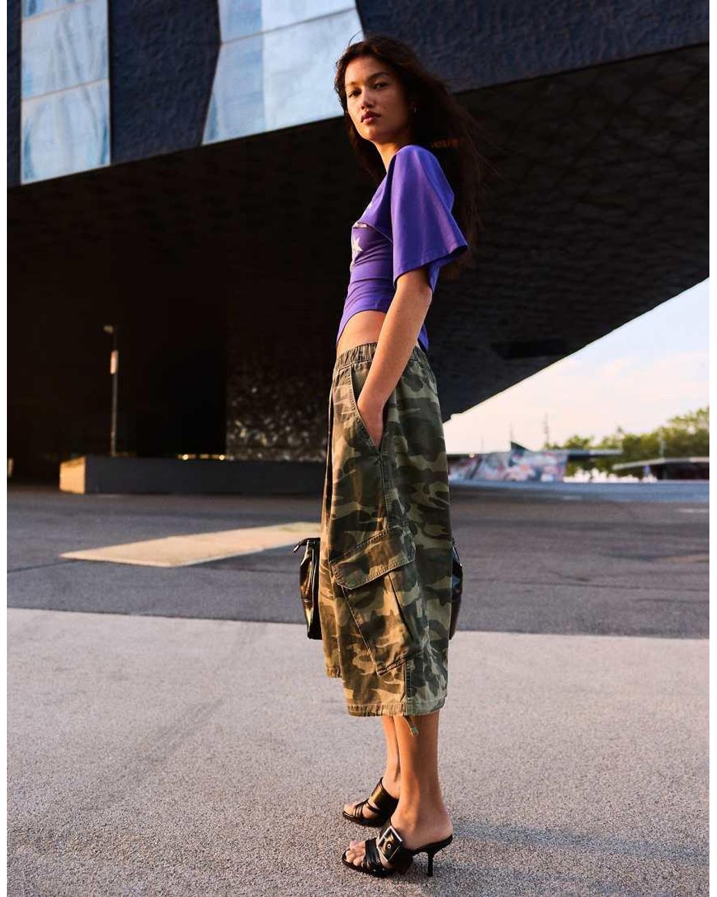 Bershka Natural Printed Cargo Bermuda Shorts
