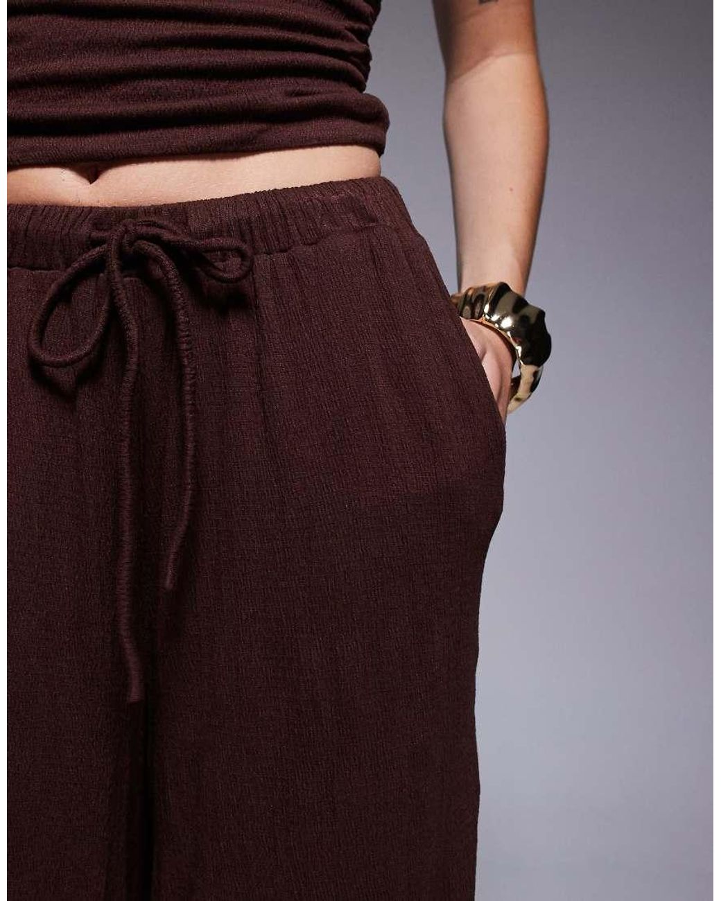 ASOS Brown Crinkle Tie Waist Wide Leg Pants