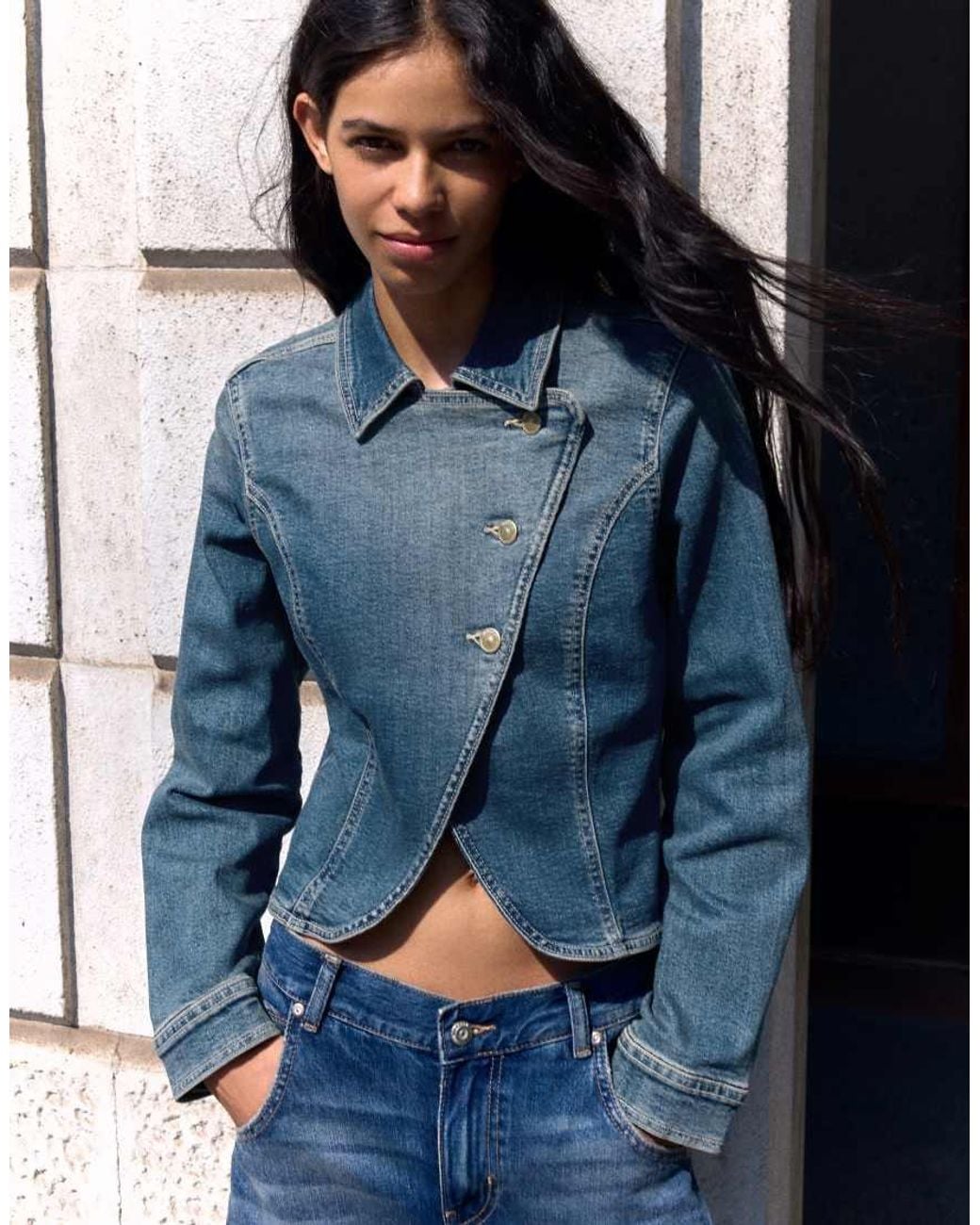 Bershka Blue Asymmetric Fitted Denim Jacket