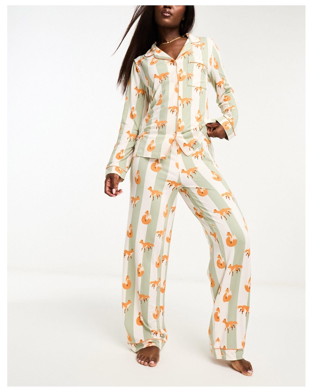 Chelsea Peers Stripe Fox Long Button Pyjama Set in Natural Lyst UK