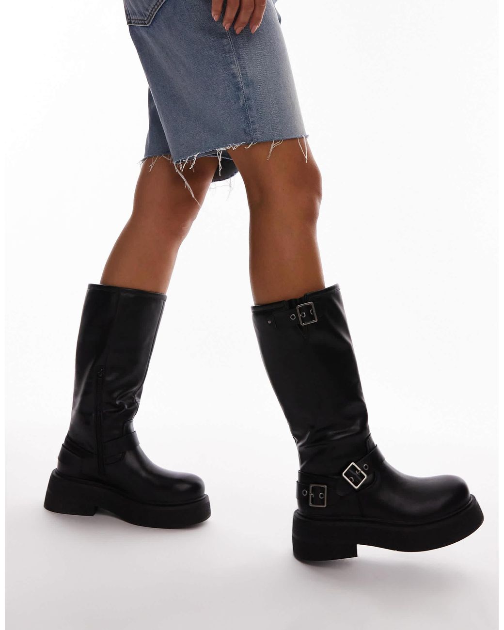 TOPSHOP Roy Chunky Biker Boots With Hardware in Black Lyst