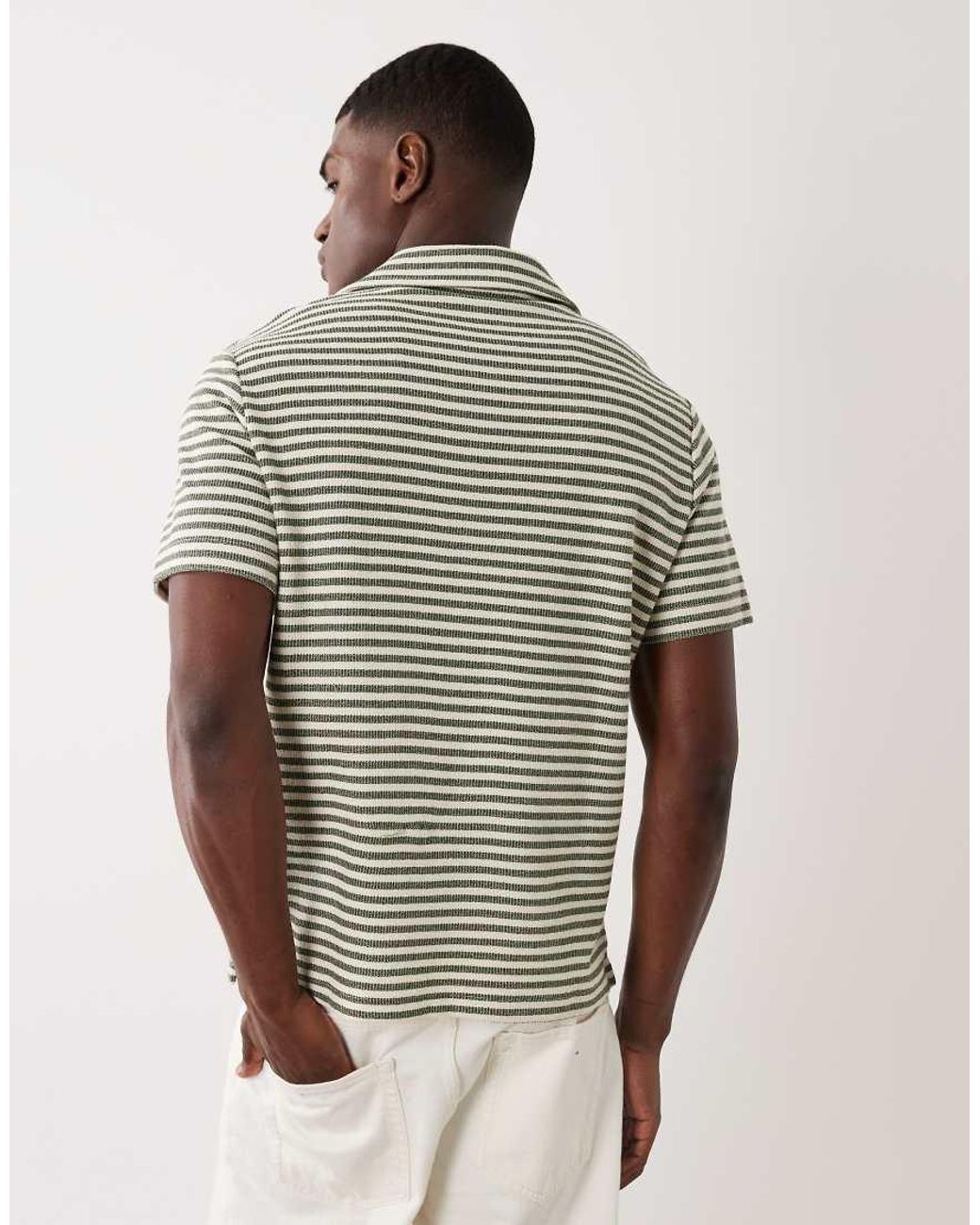 Mango Green Striped Camp Collar Knit T-shirt for men