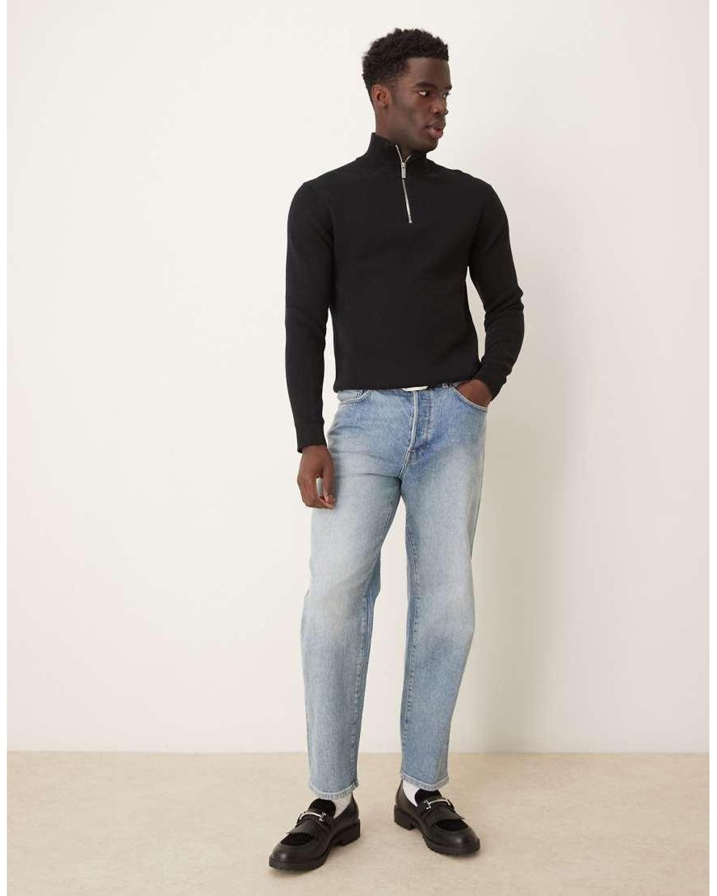 SELECTED Blue 100% Cotton Knitted Half Zip Jumper for men