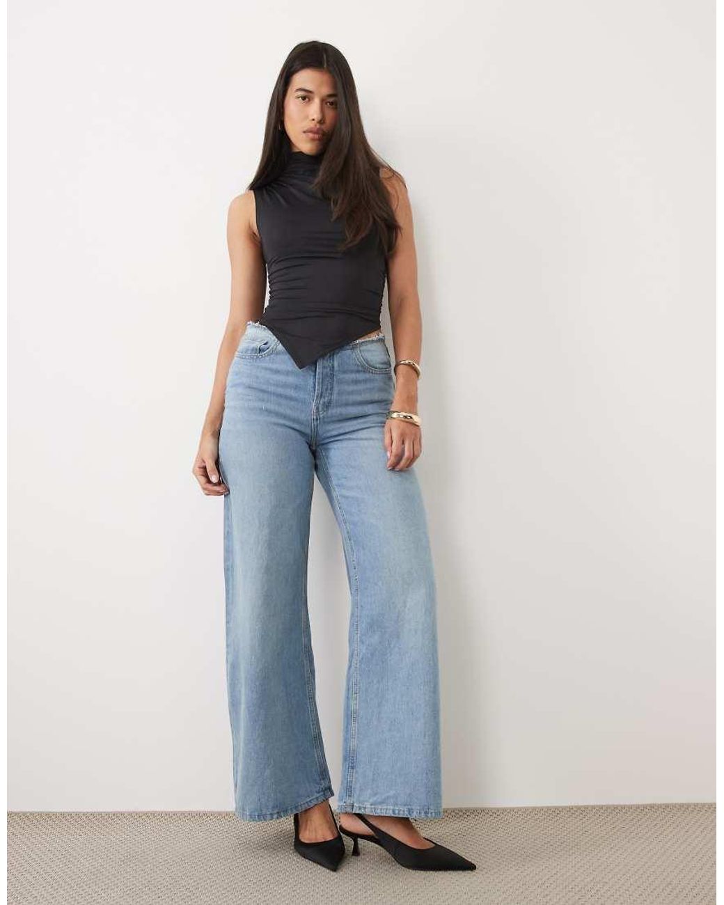 ASOS Blue Grown On High Neck Gathered Asymmetric Hem Top