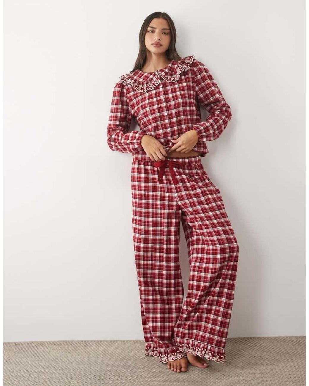 Nobody's Child Cotton Frill Collar Embroidered Trim Pyjama Blouse Co-ord