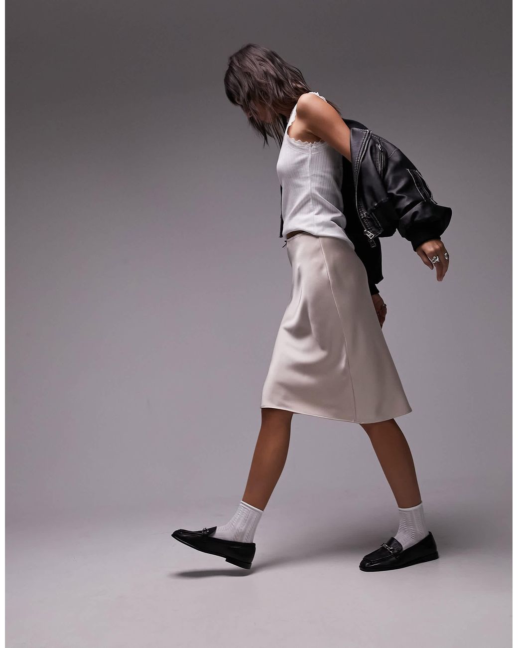 TOPSHOP 90 s Length Satin Skirt With Trim Detail in Gray Lyst
