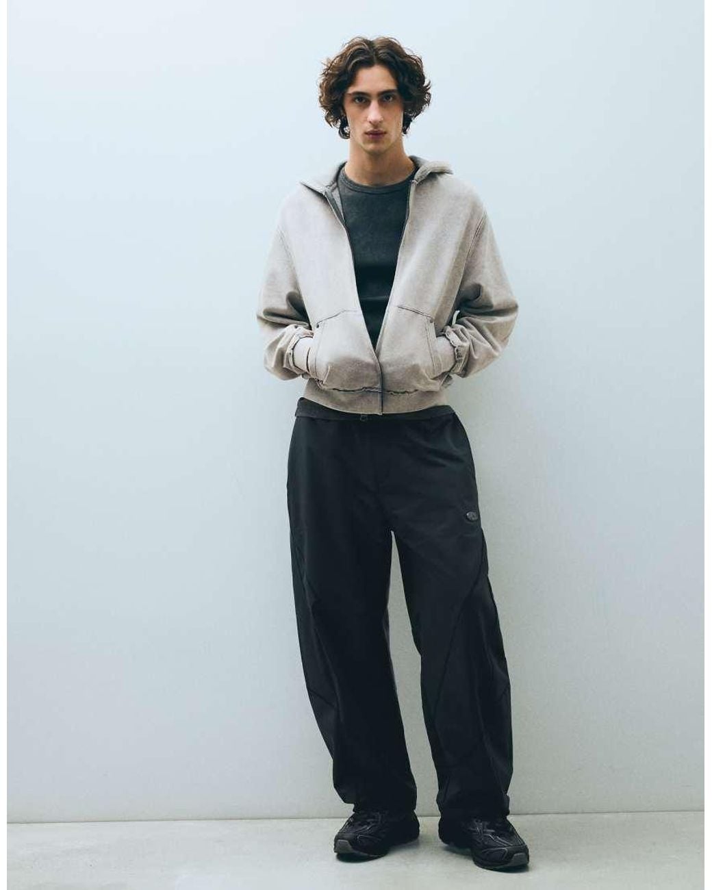Bershka Gray Studded Zip-Up Hooded Sweatshirt for men