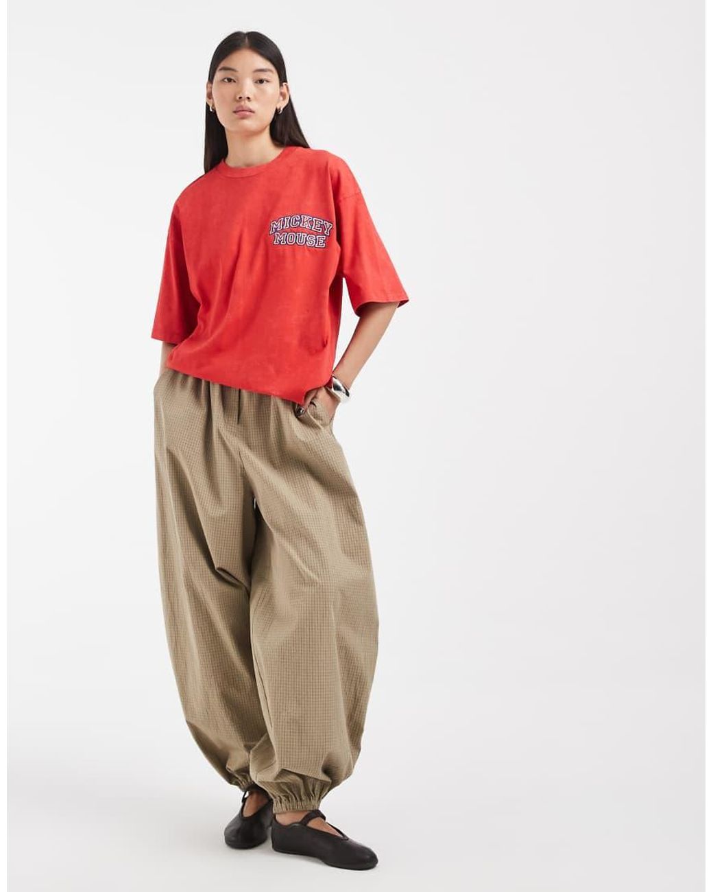 ASOS Red Disney Oversized Washed T-Shirt With Mickey Mouse Varsity Print