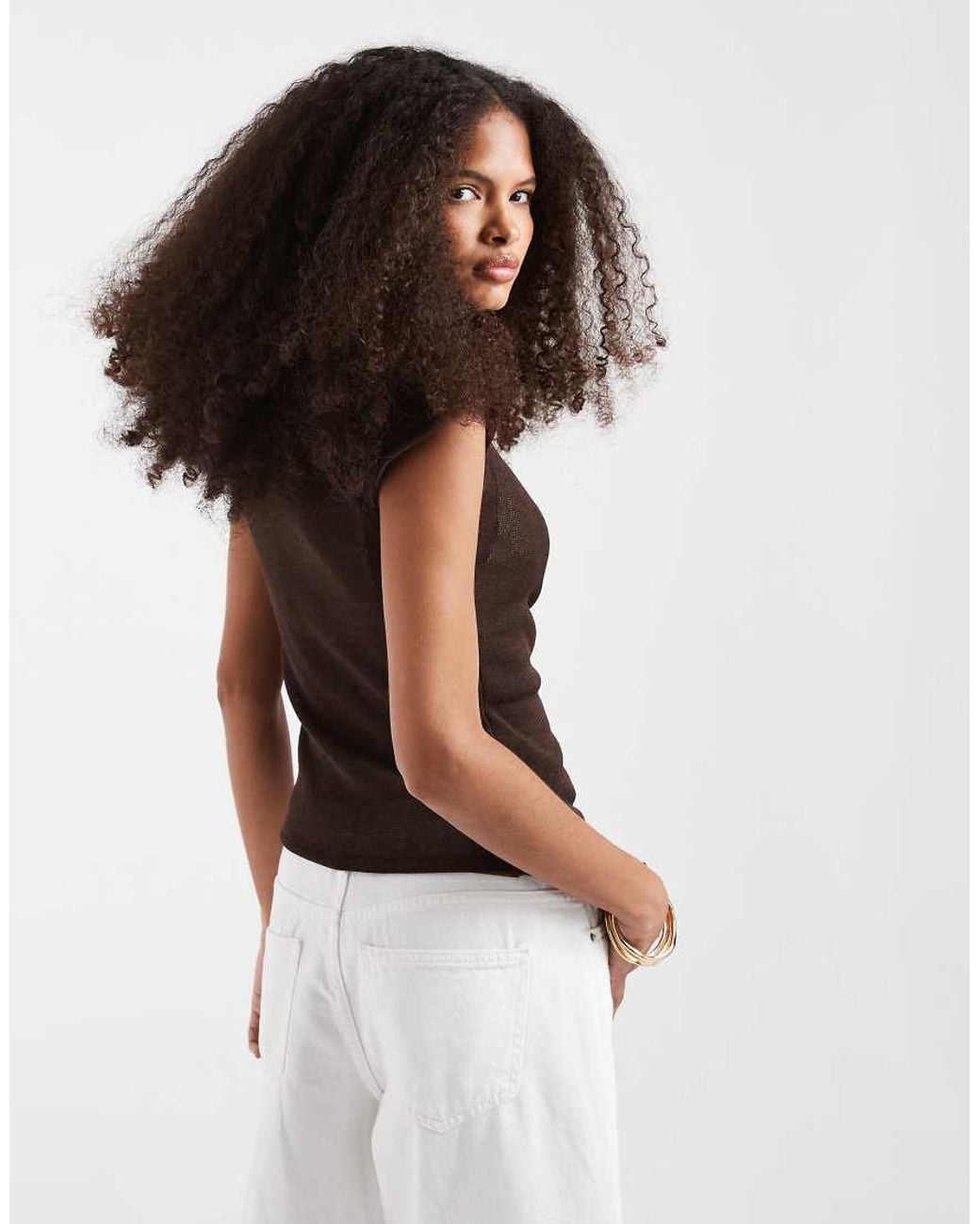 JJXX Brown Ruched Knit Button Top