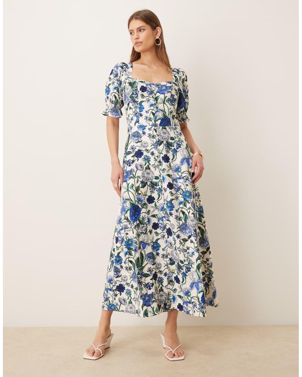 Hope & Ivy Blue Button Detail Split Front Midi Dress