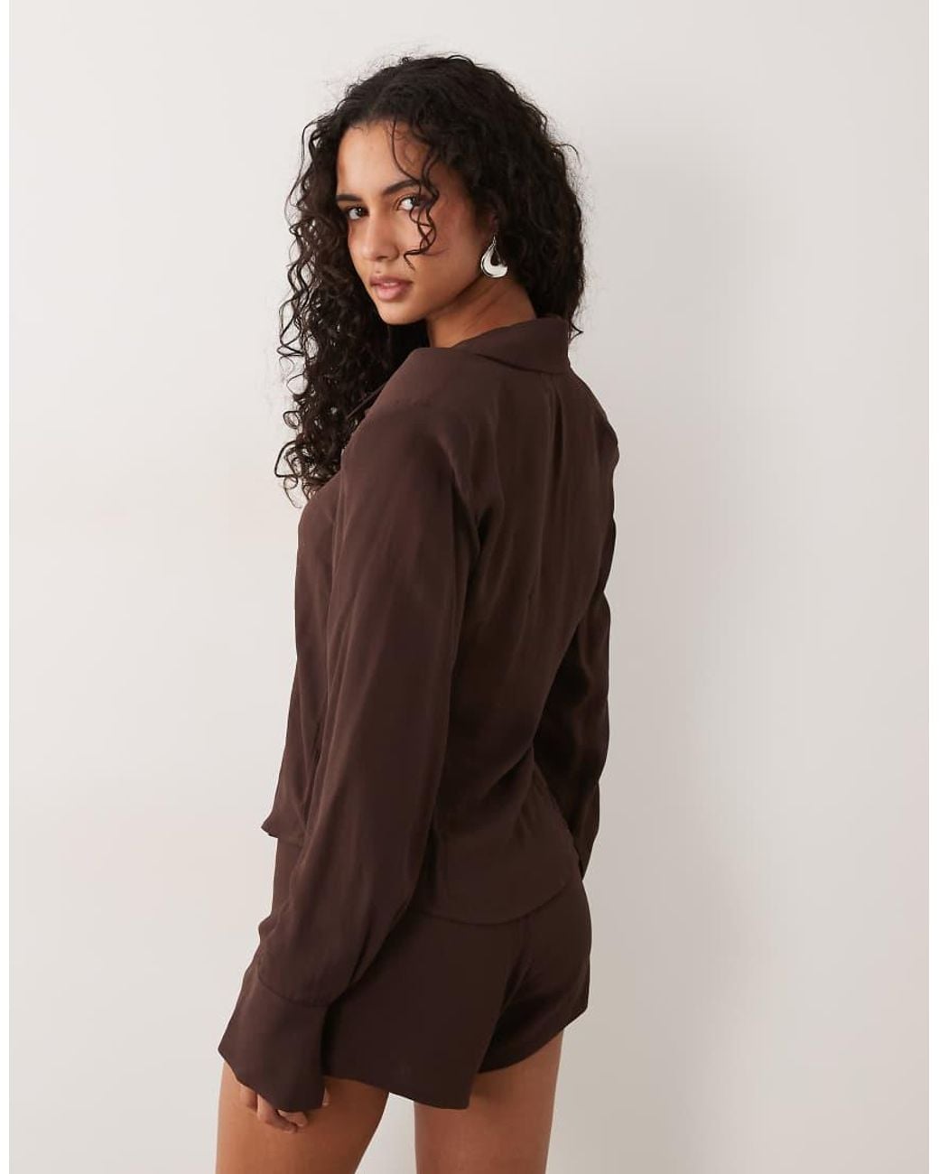 AFRM Brown Caroline Long Sleeve Button Down Shirt With Shoulder Pads Co-Ord