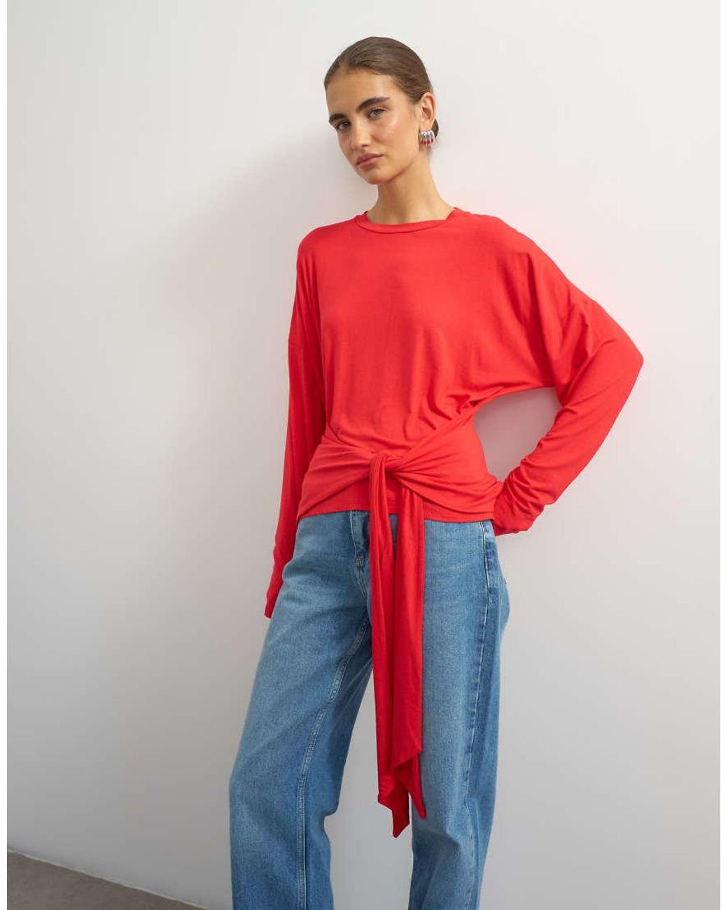 TOPSHOP Red Long Sleeve Knot Front Drapey Top