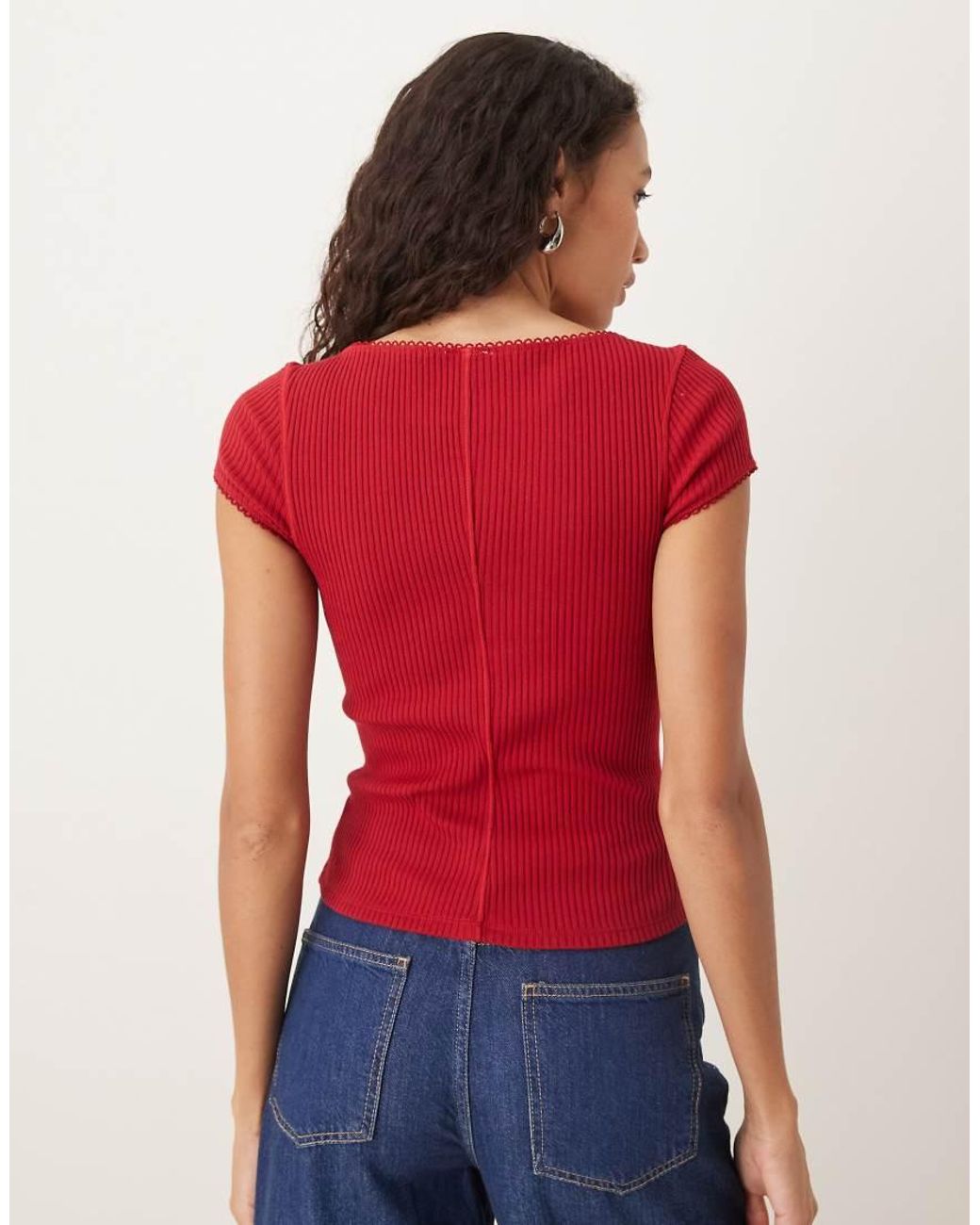 Free People Red Most Wanted Button Through Ribbed T-shirt