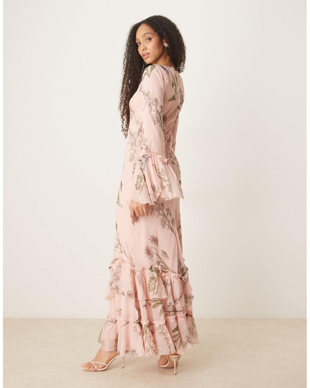 ASOS Pink Tiered Ruffle Long Sleeve Chiffon Maxi Dress