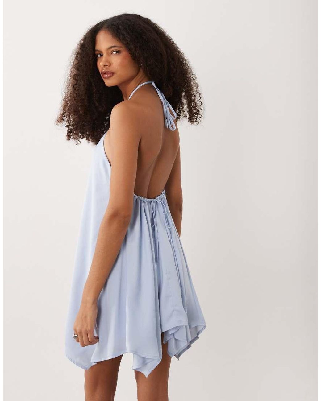 SNDY'S Blue Halterneck Asymmetric Drape Low Back Mini Dress