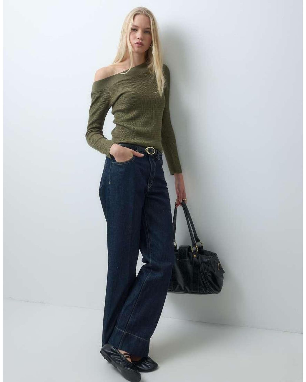 Mango Green Teen Asymmetric Neck Sweater