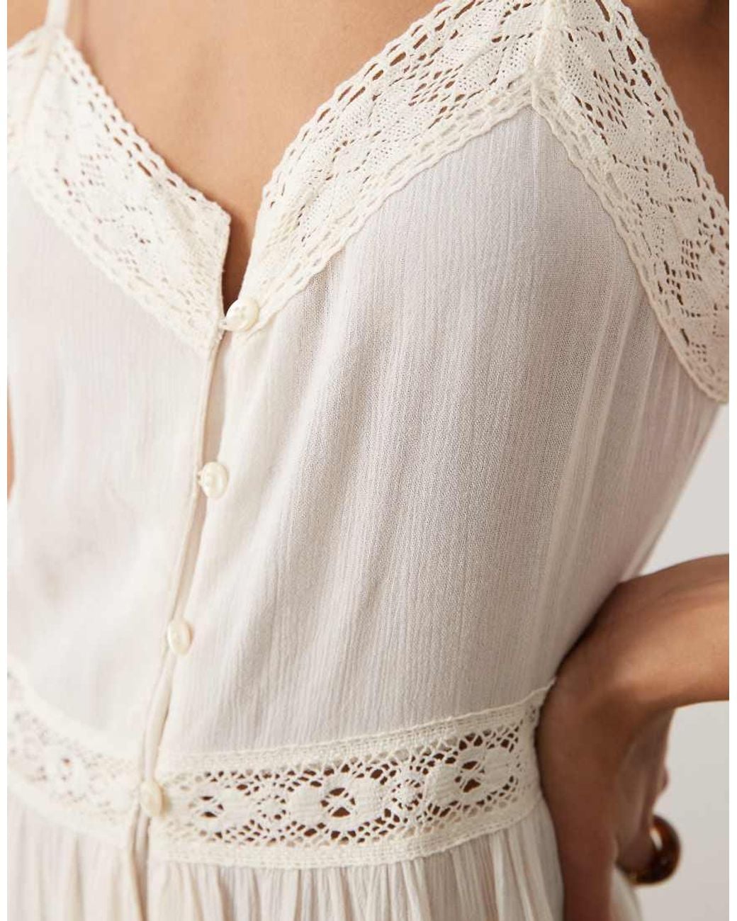 Iisla & Bird Natural Semi Sheer Button Down Maxi Dress With Lace Detail