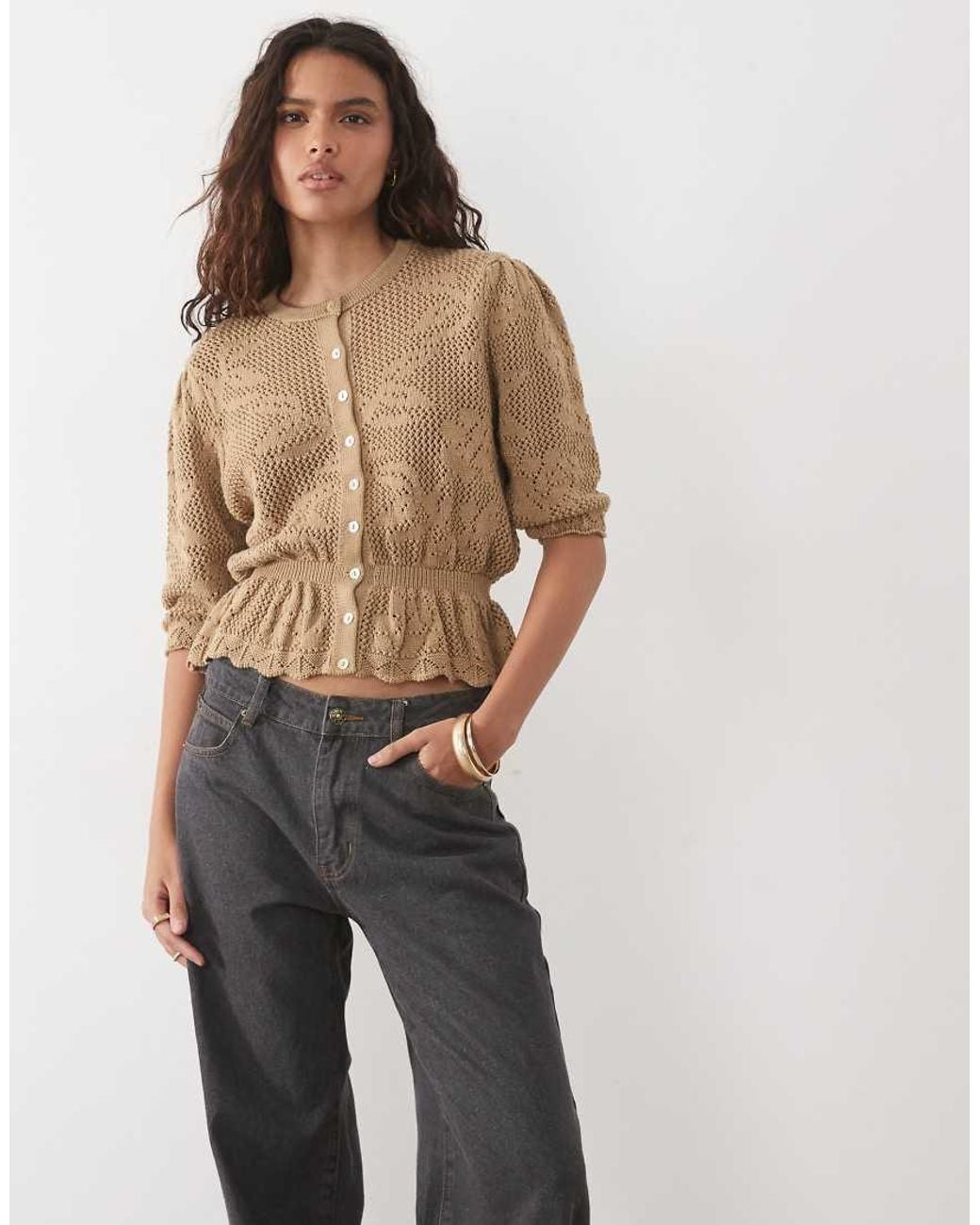 Miss Selfridge Natural Floral Knitted Cardigan With Peplum Hem