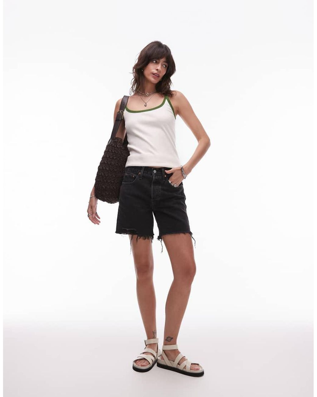 Levi's Black 501 Mid Thigh Shorts With Distressed Hem