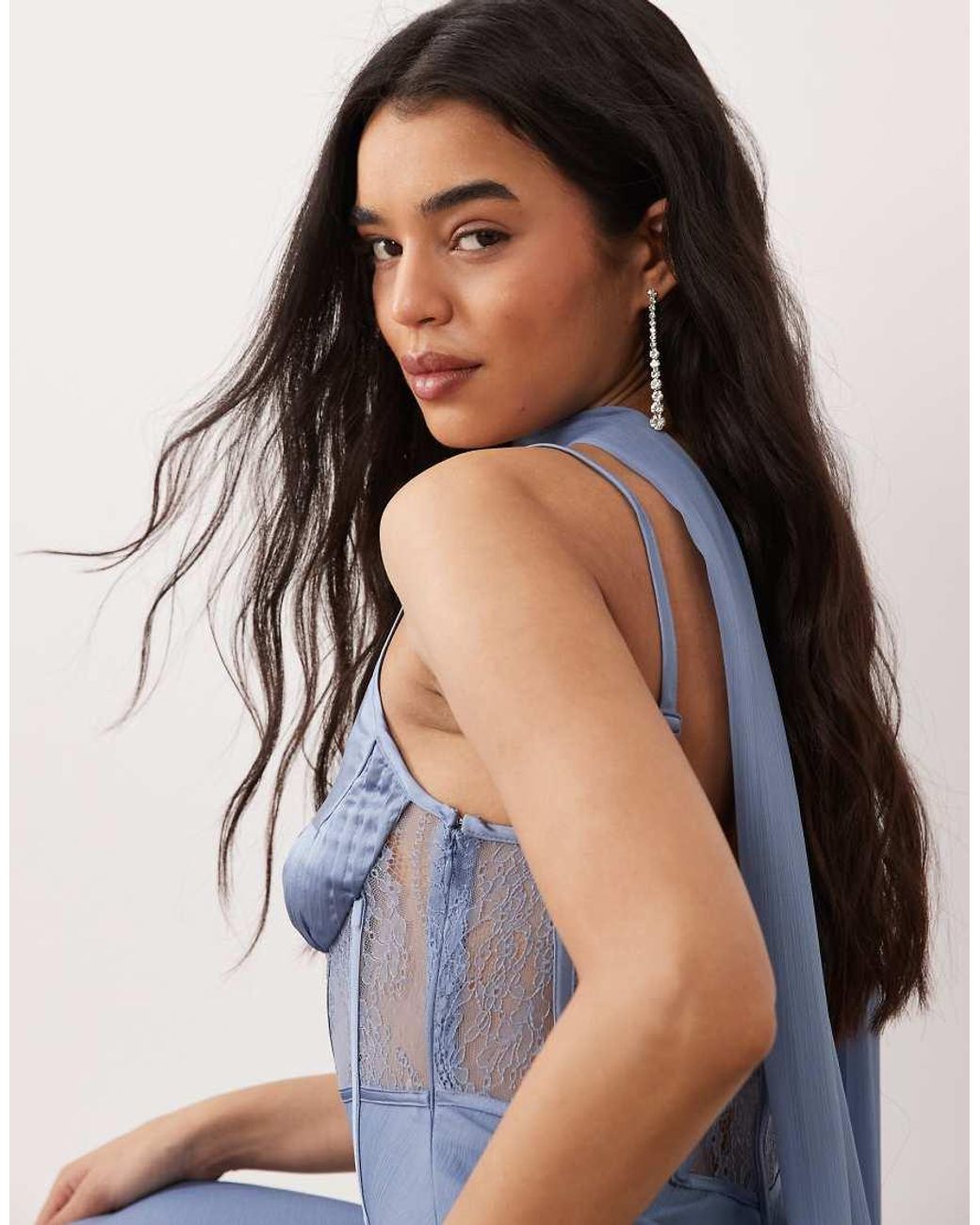 ASOS Blue Cami Satin And Lace Slip Midi Dress With Scarf Detail