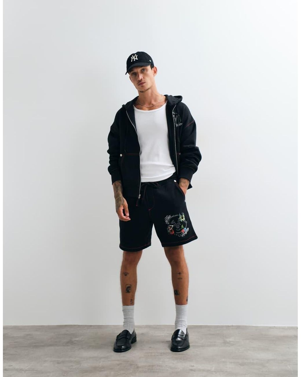 True Religion Blue Buddha Face Graphic Fleece Shorts Co-ord for men