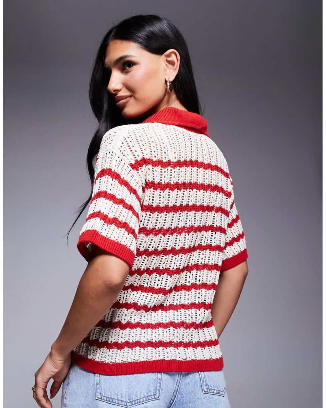 River Island Red Striped Crochet Shirt