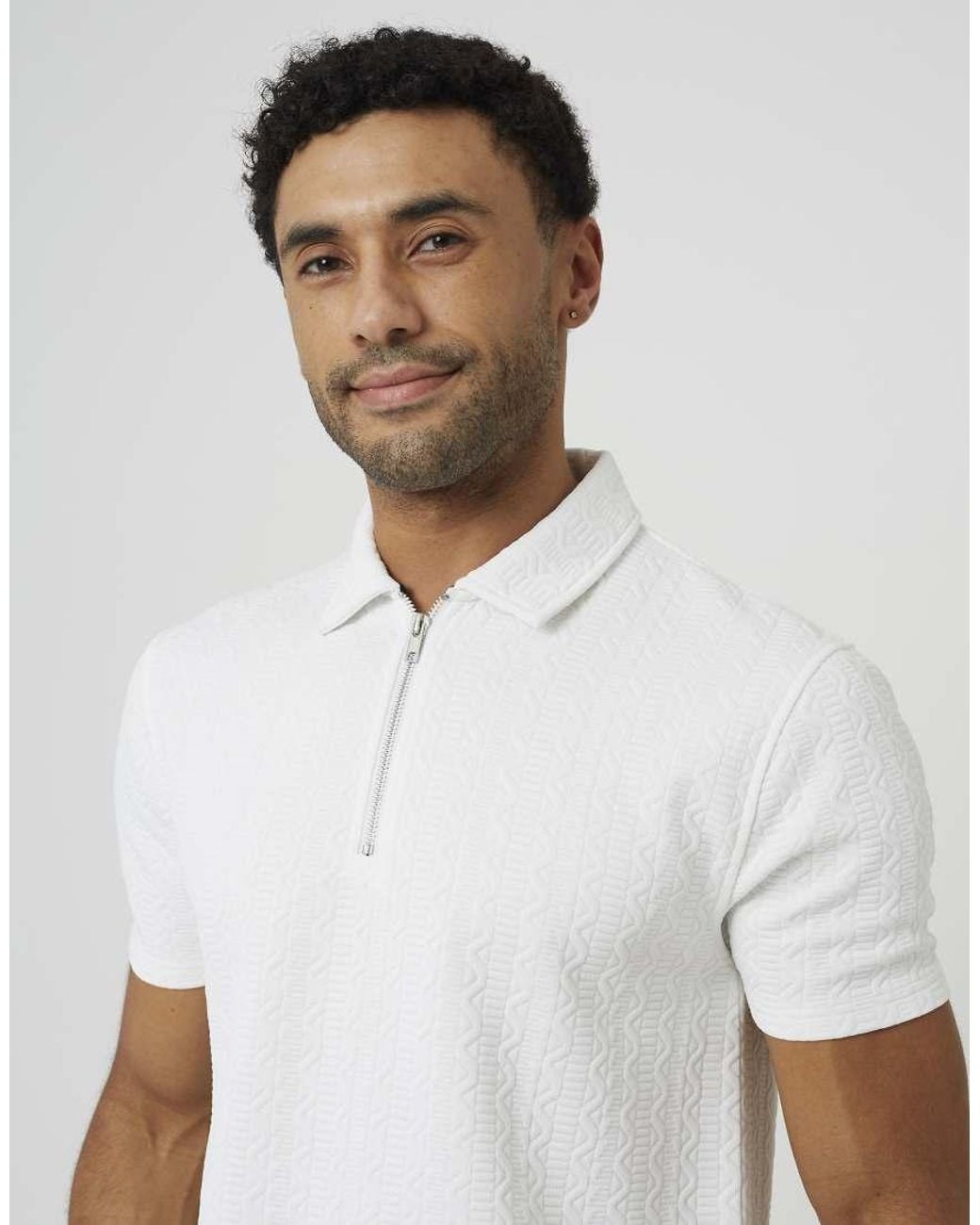 Brave Soul White Quarter Zip Short Sleeve Polo Shirt for men