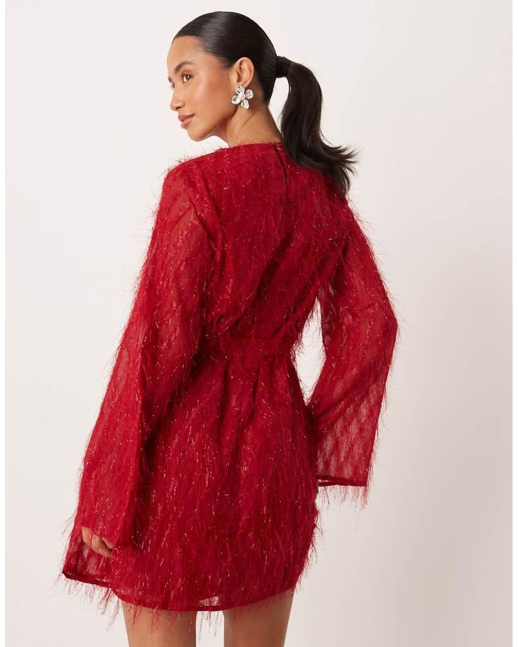 Vila Red Fluffy Textu Tie Waist Mini Dress
