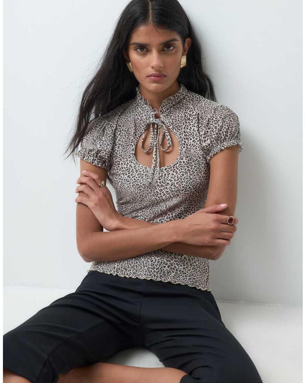 Miss Selfridge Gray Leopard Print Tie Neck Top