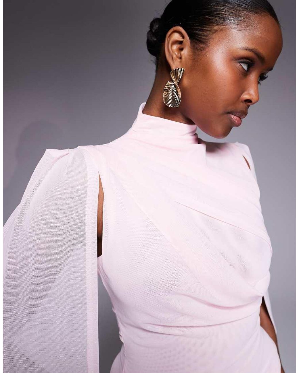 Ruched & Ready Pink Sculpting Mock Neck Mesh Cape And Twisted Skirt Detailing Mini Dress