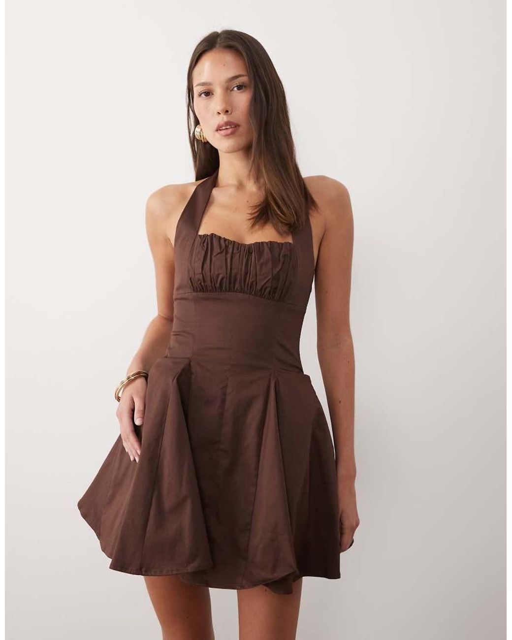 Wanderdoll Brown Marilyn Cotton Rich Structured Halterneck Shirred Bust Corset Detail Mini Dress