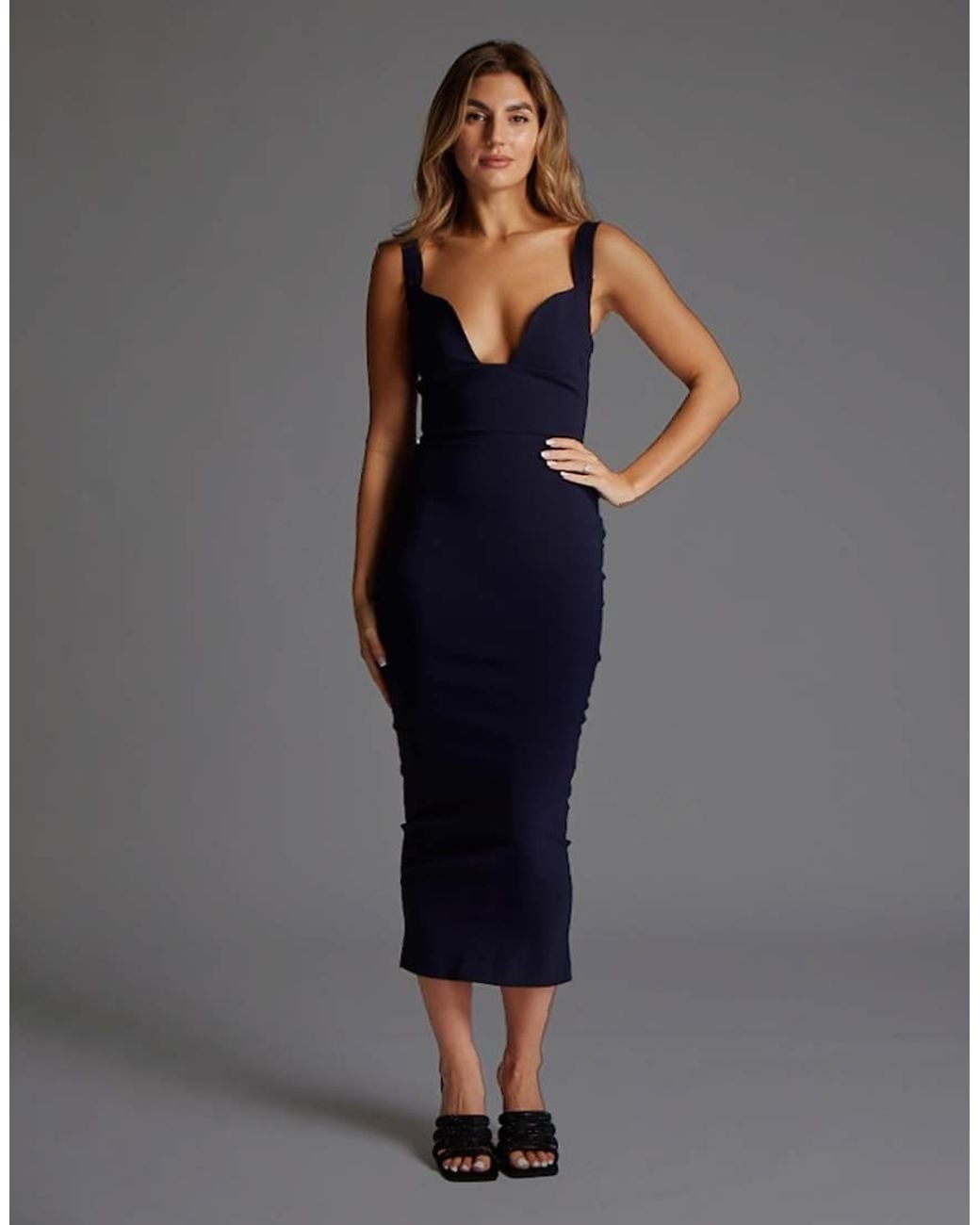 Vesper Blue Plunge Neck Bodycon Midaxi Dress