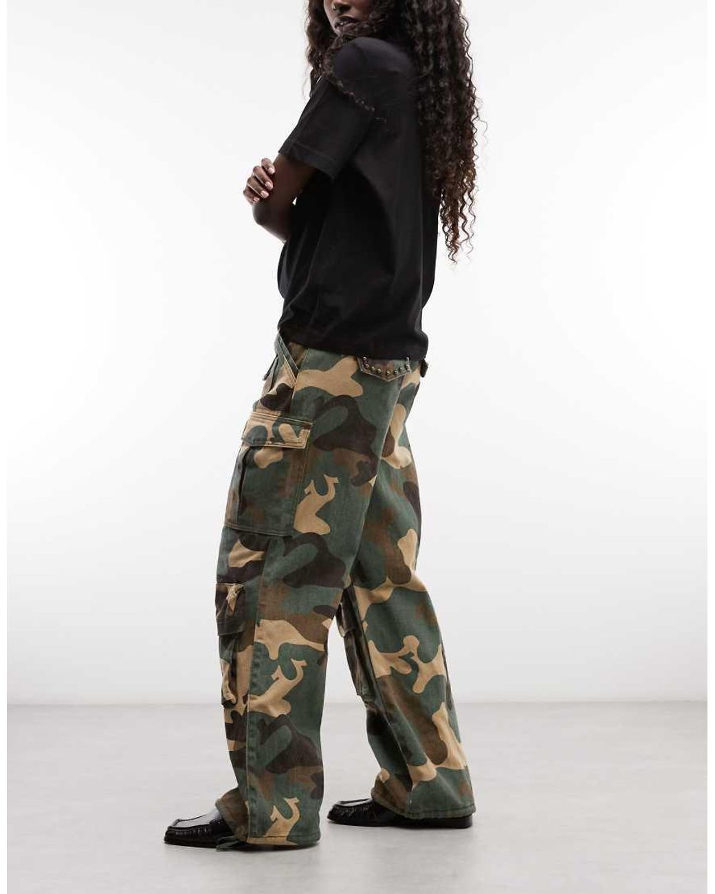 Liquor N Poker Black Low Rise baggy Cargo Jeans With Stud Pocket Detail
