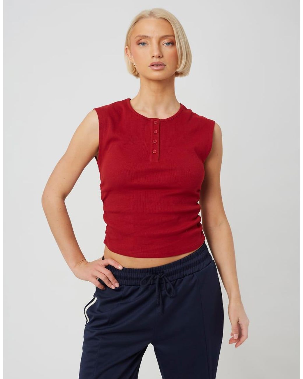 Brave Soul Red Sleeveless Button Neck Top With Ruched Detail