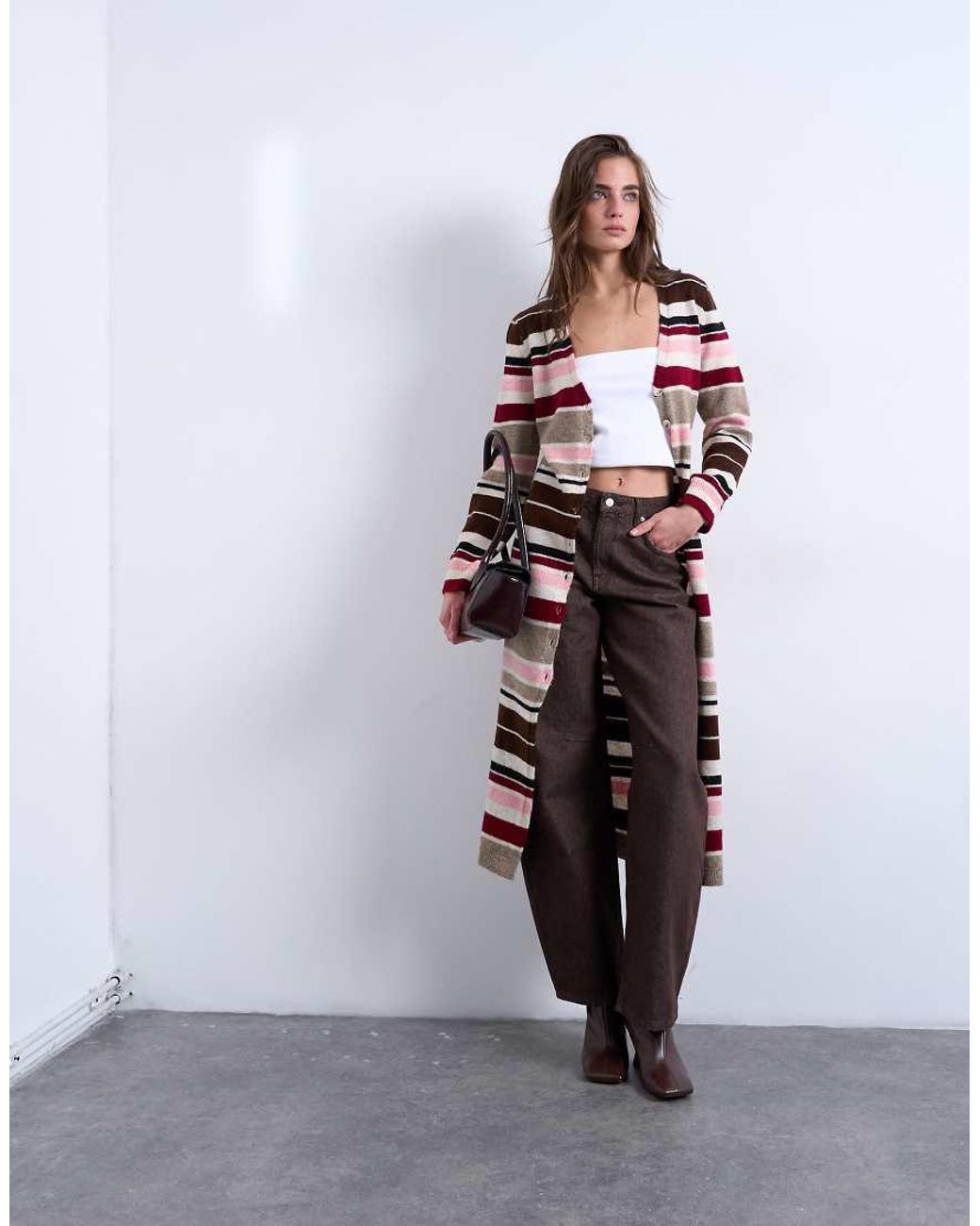 TOPSHOP White Knitted Longline Stripe Cardigan