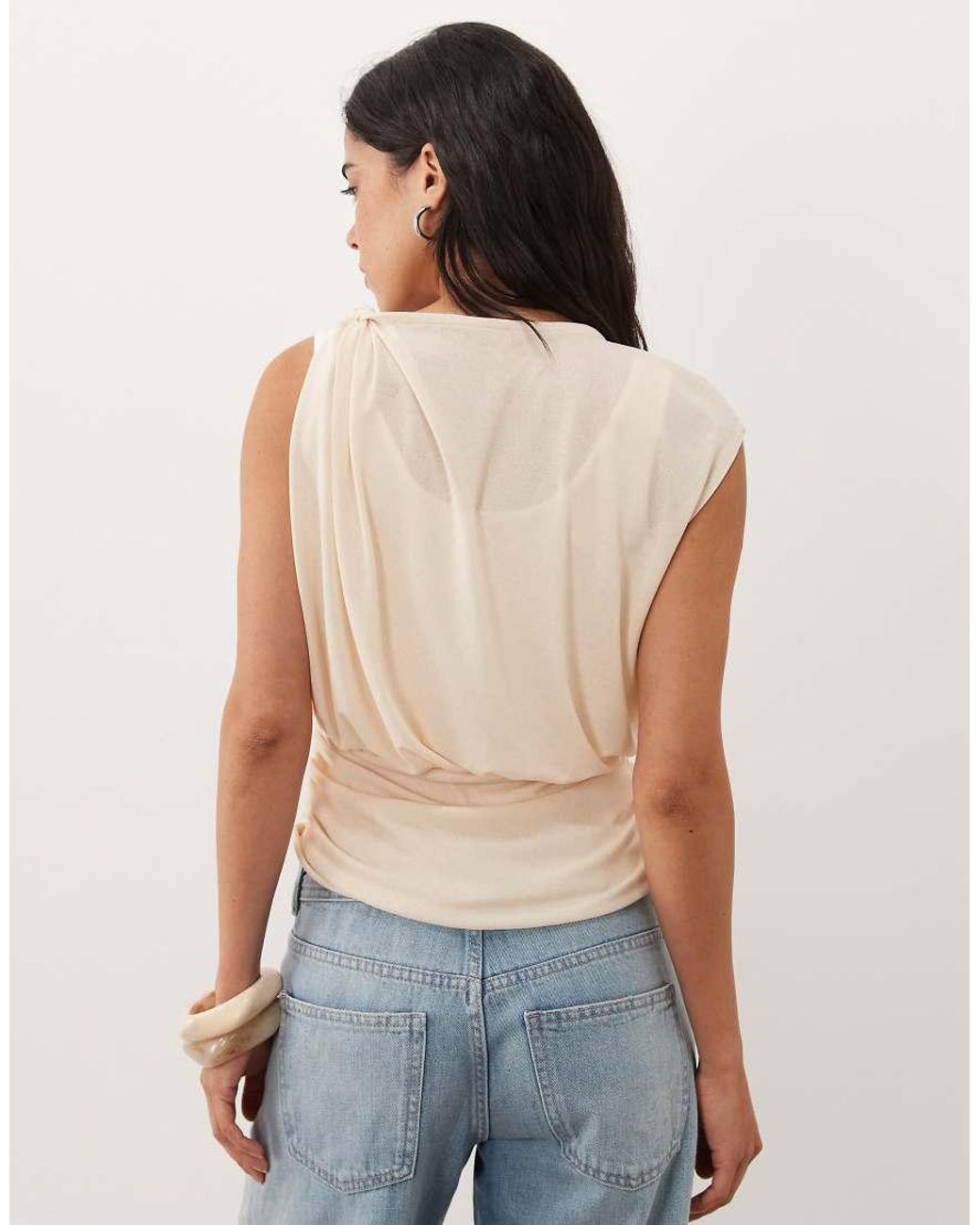 ASOS Natural Short Sleeve Double Layer Sheer Stretch Top