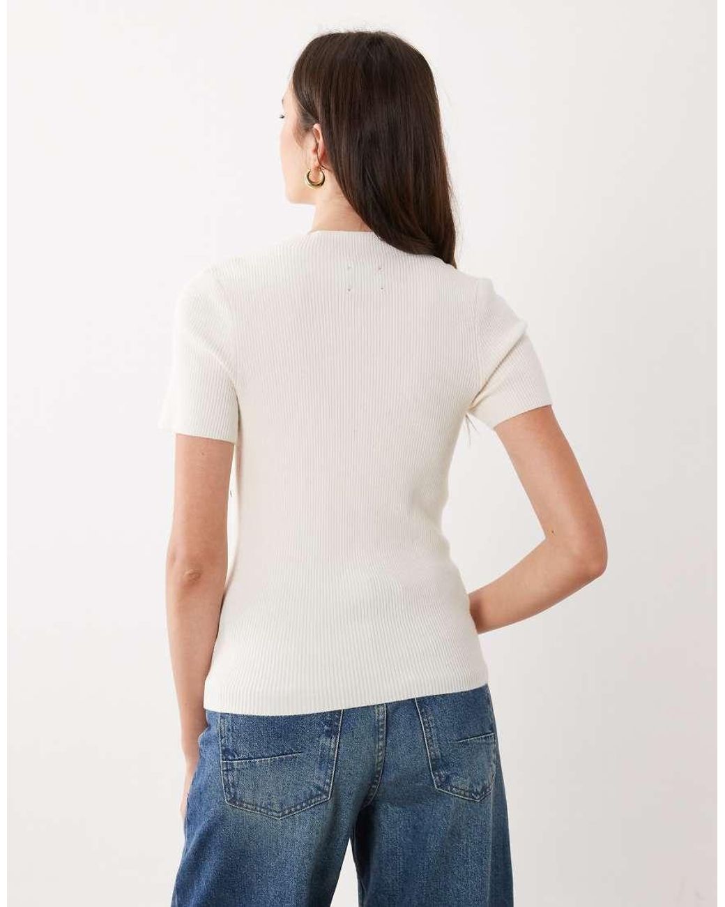 ASOS White Knit Rib Button Detail Short Sleeve Top