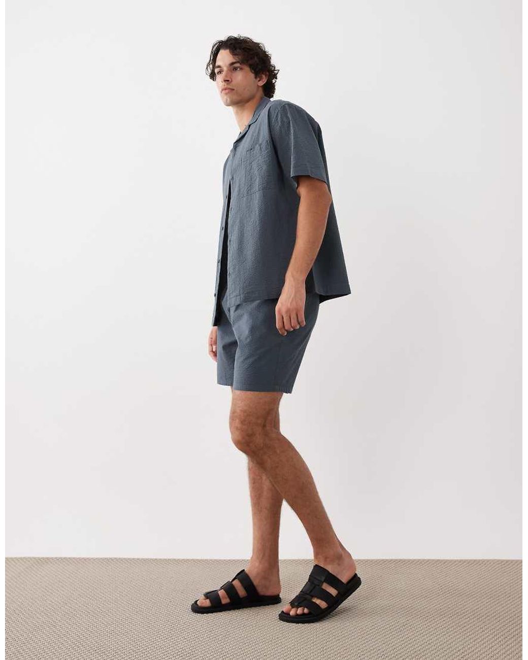 ASOS Blue Co-Ord Relaxed Revere Seersucker Shirt for men