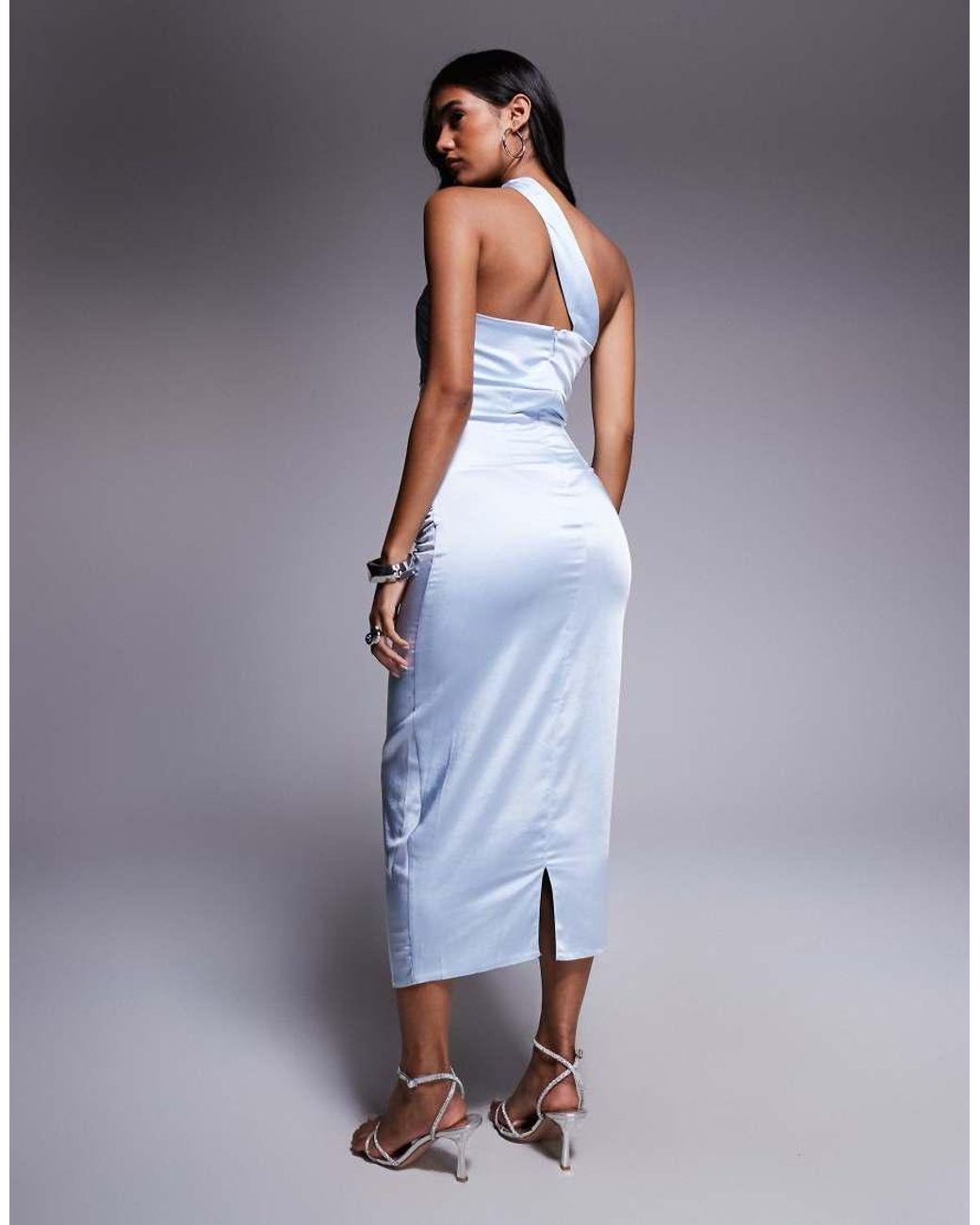 Vesper Blue Asymmetric Satin Midi Dress