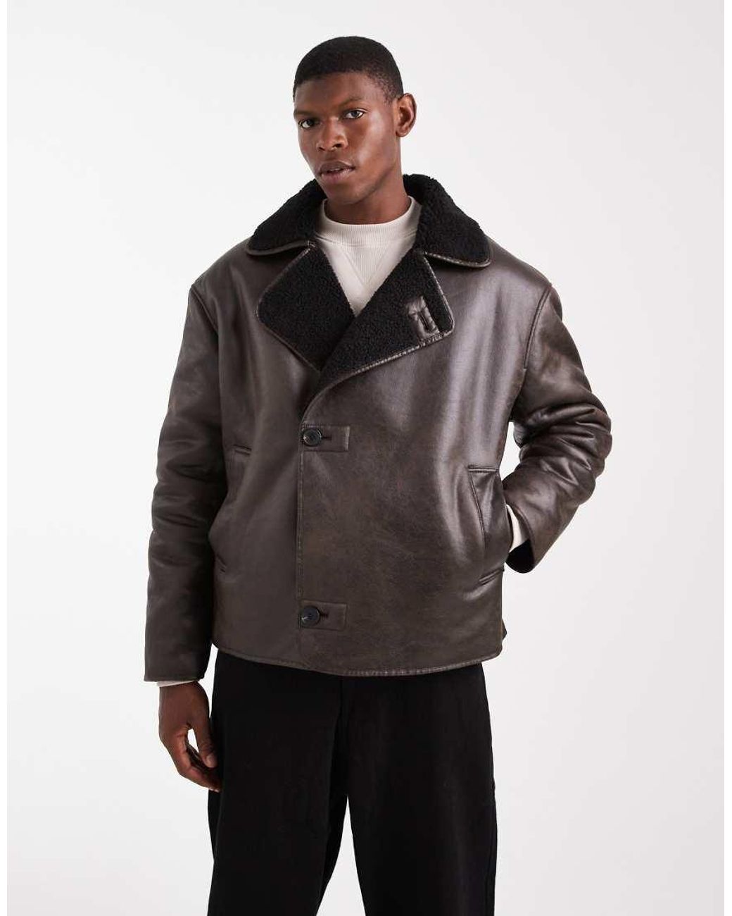 ASOS Brown Aviator Jacket With Borg Collar for men