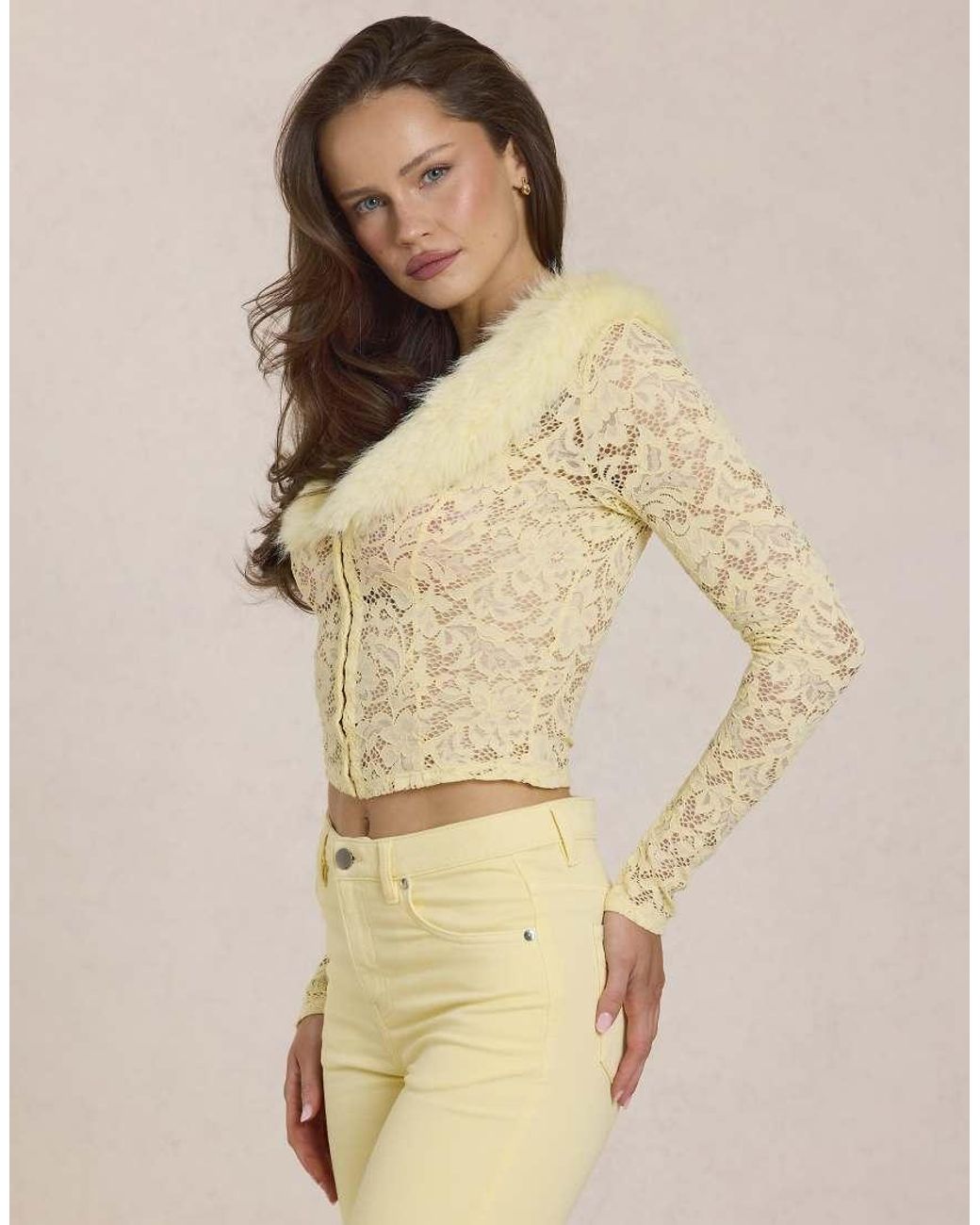 Oh Polly Natural Faux Fur Collar Lace Cardigan
