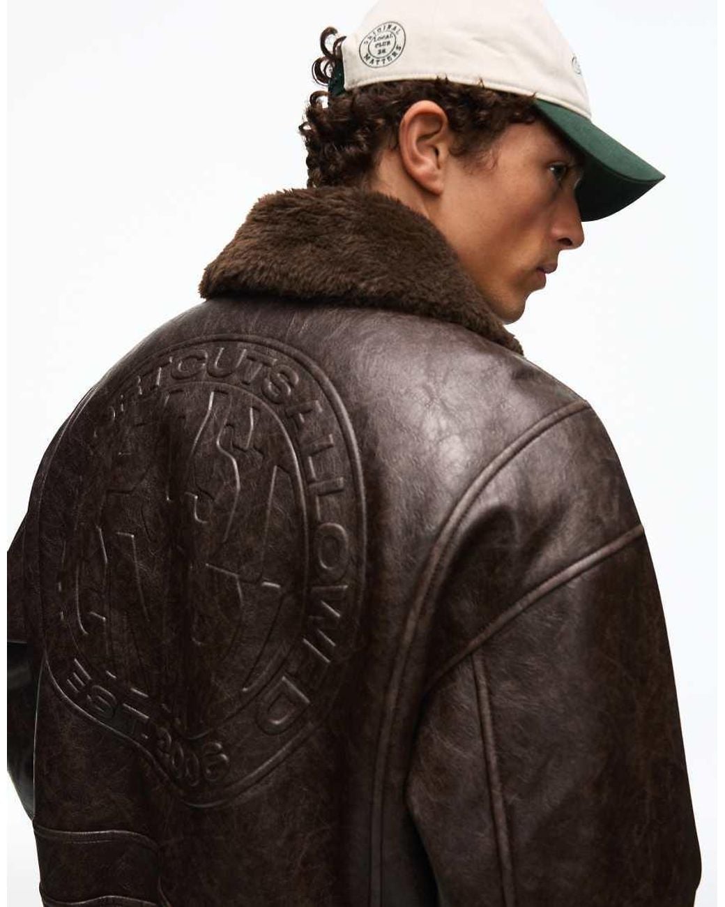 Bershka Black Leather Effect Bomber Jacket With Fur Collar for men
