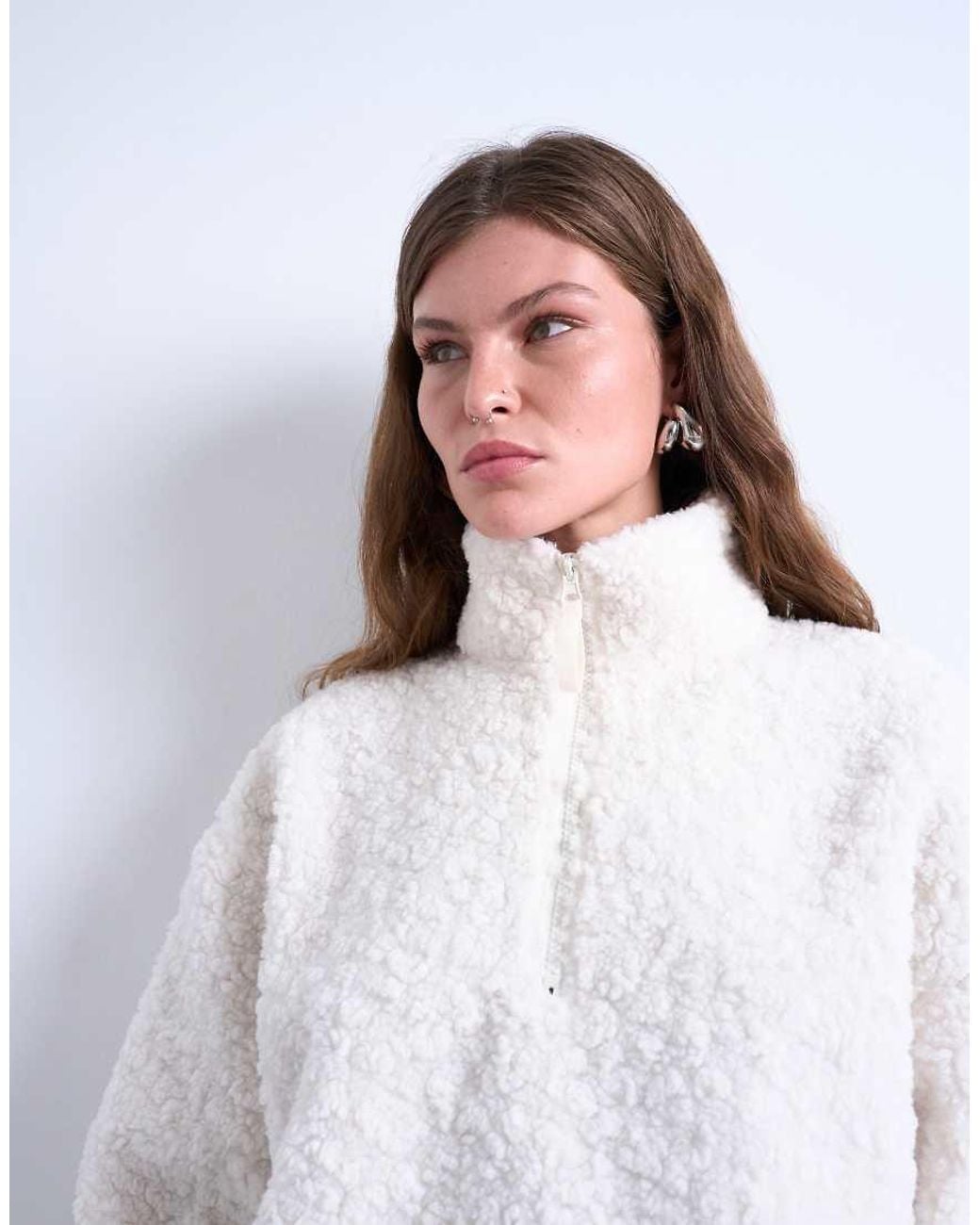 TOPSHOP White Borg Quarter Zip Top
