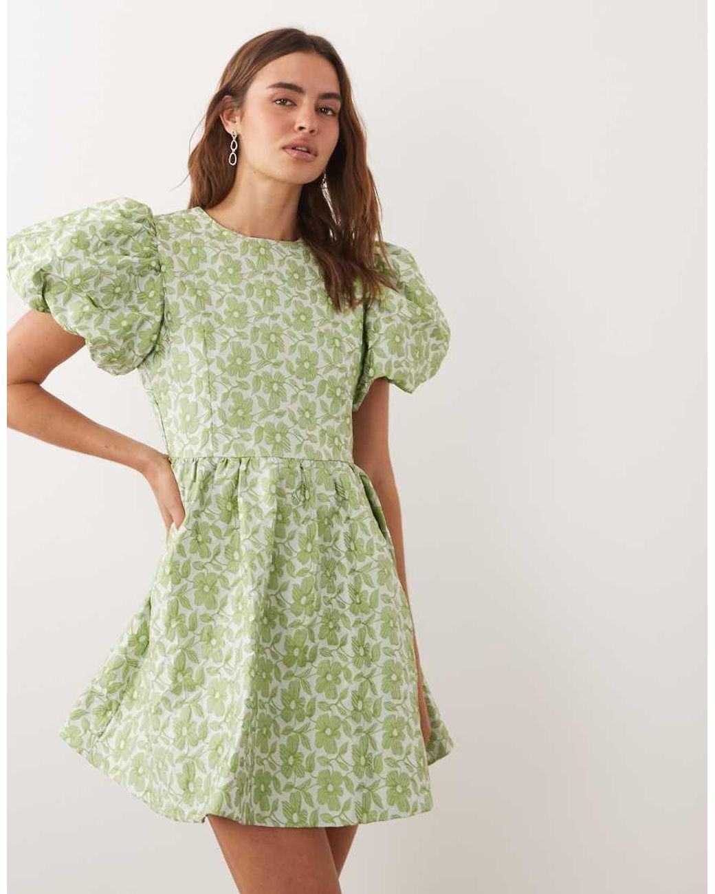 Sister Jane Green Freja Jacquard Round Neck Puff Sleeve Mini Dress