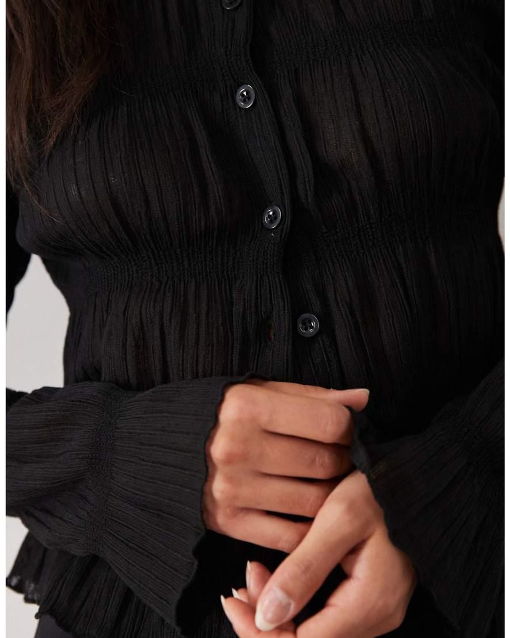 Miss Selfridge Black Textured Button Through Top With Flare Sleeve