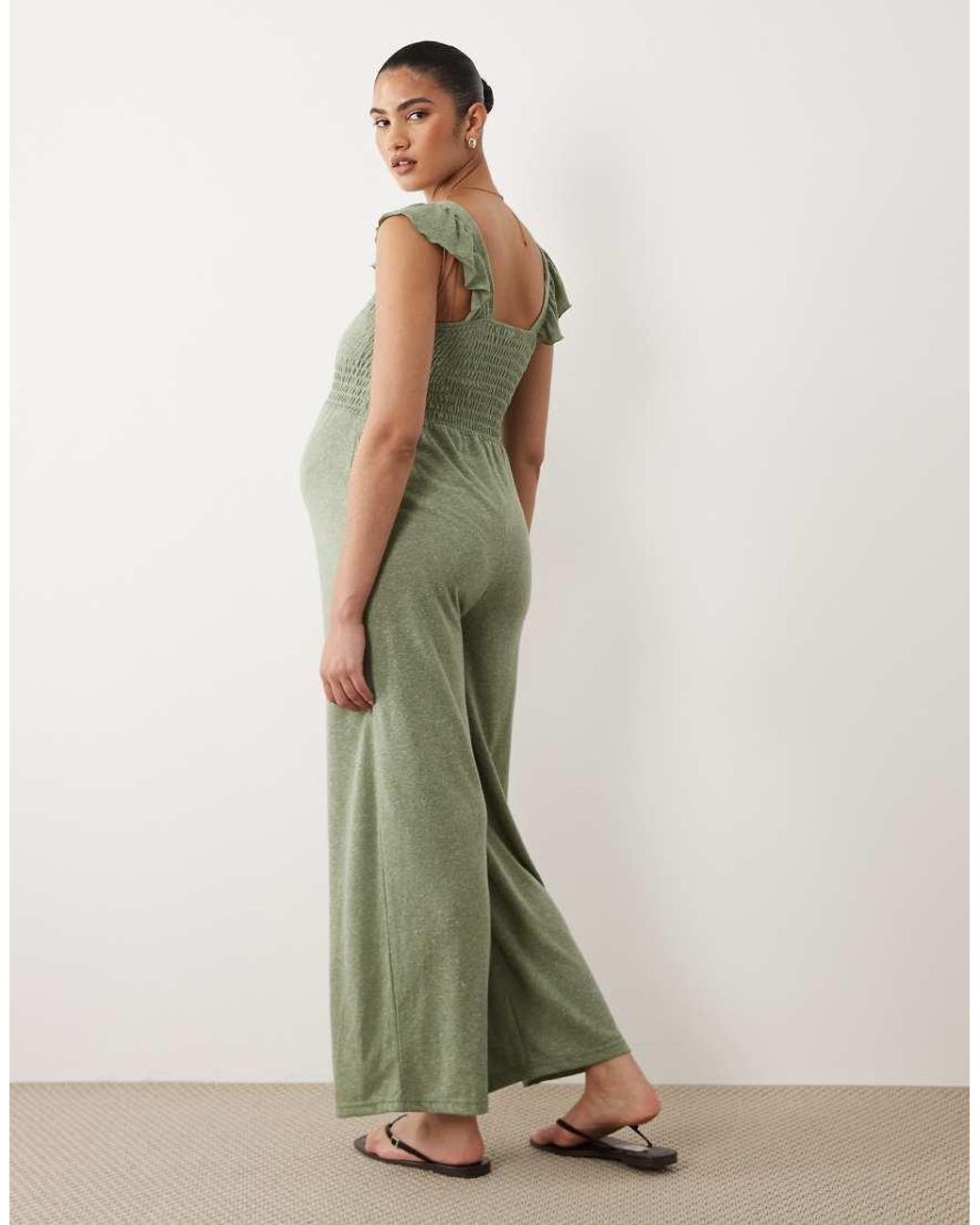 Mama.licious Green Mamalicious Maternity Shirred Bust Jersey Wide Leg Jumpsuit With Frill Strap Detail