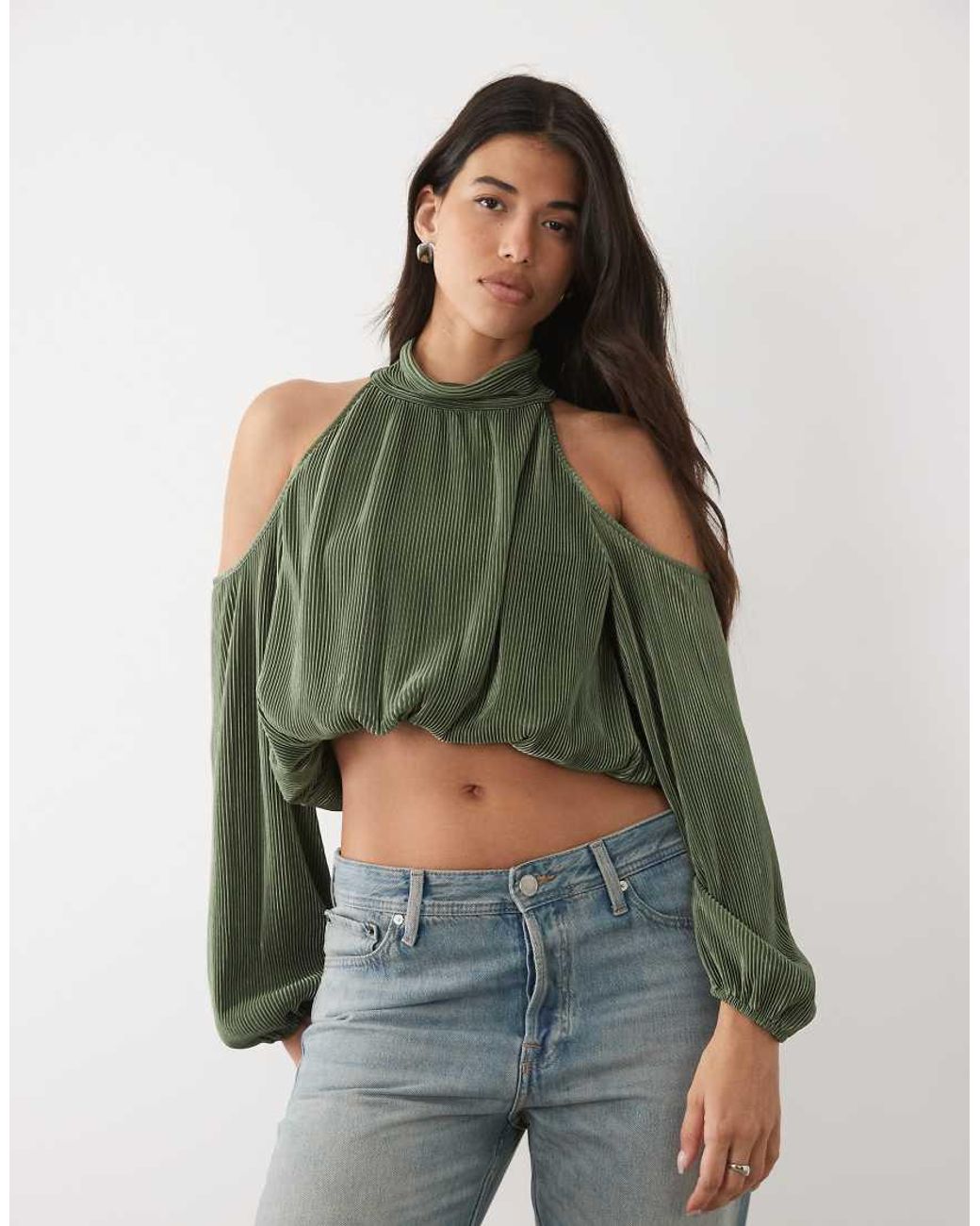 ASOS Green Cold Shoulder Plisse Bubble Top