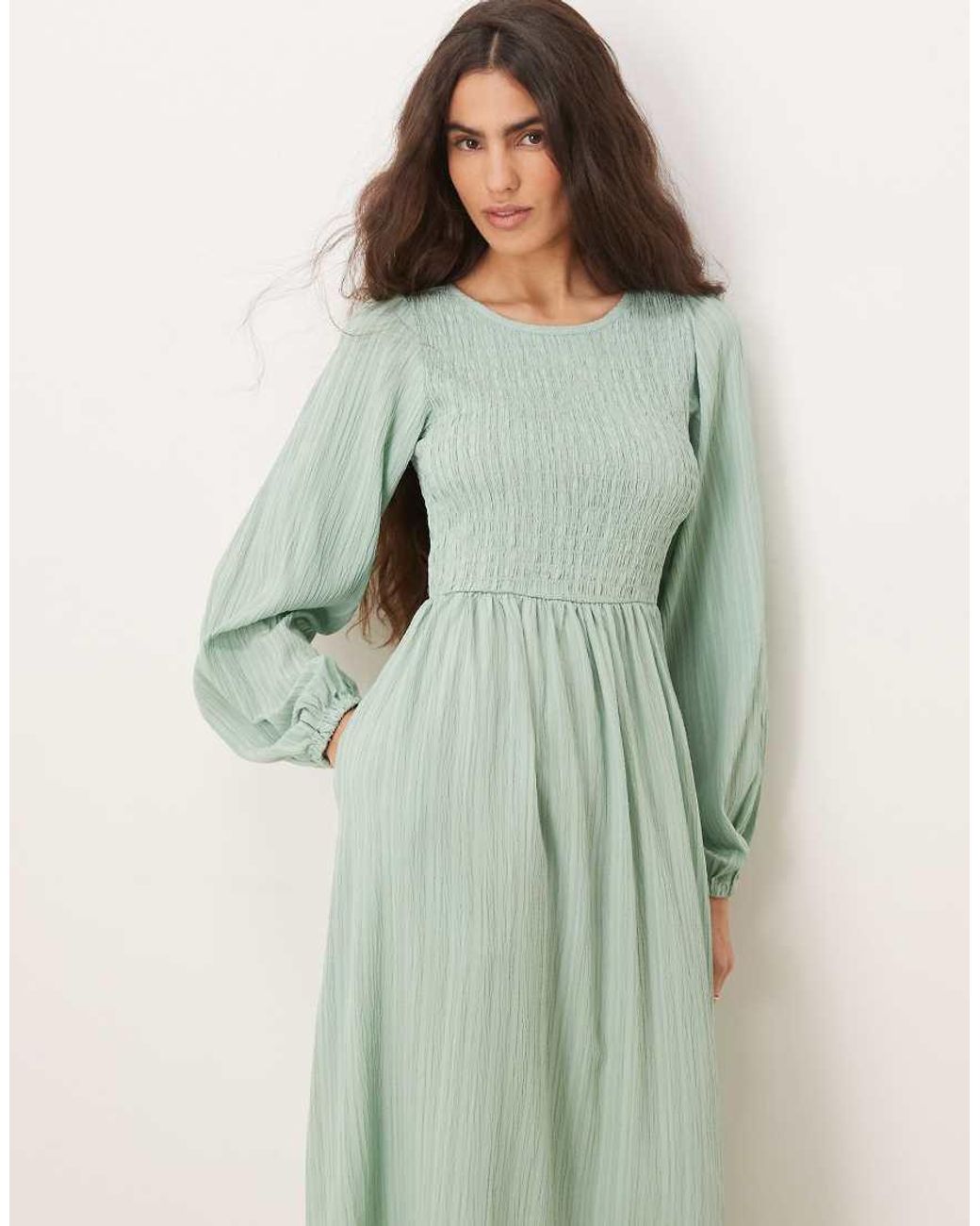 Threadbare Green Long Sleeve Crinkle Midi Dress