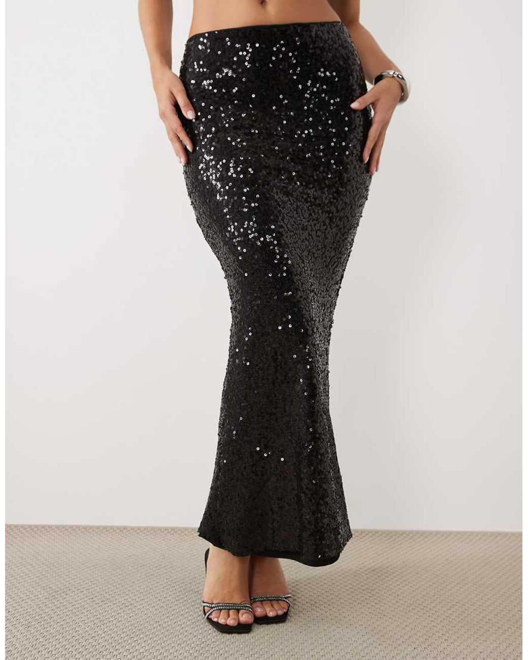 Ruched & Ready Black High Waisted Fishtail Sequin Maxi Skirt